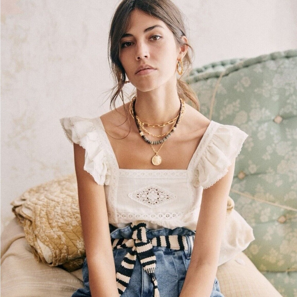 Sezane Cream Eyelet Square-Neck Ruffle Sleeve Top